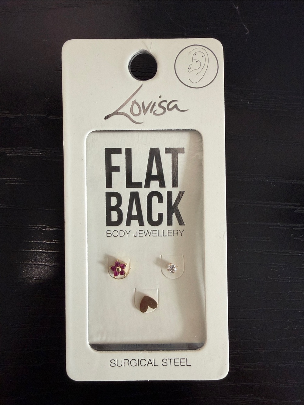 Lovisa Gold Flat-Back Earring Set with Pink Flower, Clear Crystal and Gold Heart